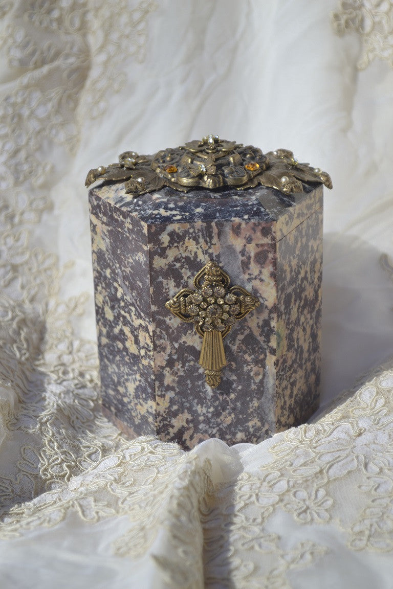 Jeweled hexagon soapstone keepsake box with ornate cross and decorative lid detail
