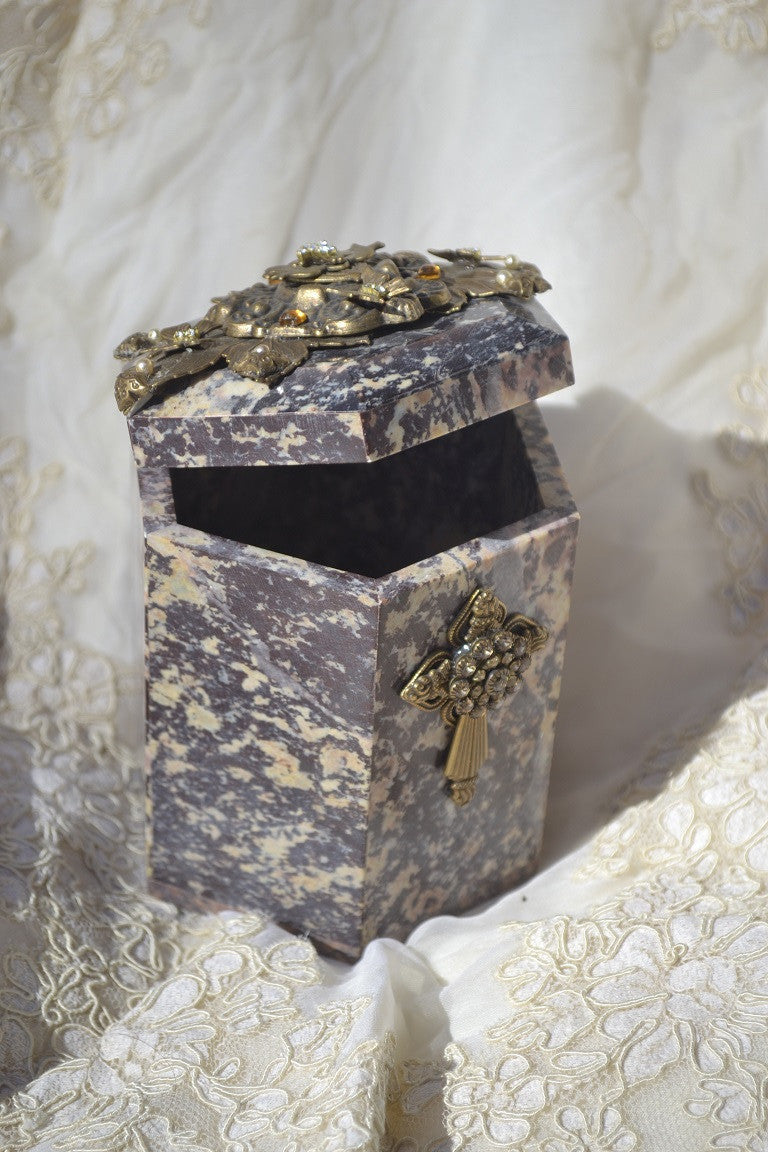 Jeweled hexagon soapstone keepsake box with ornate cross, open lid, faith decor
