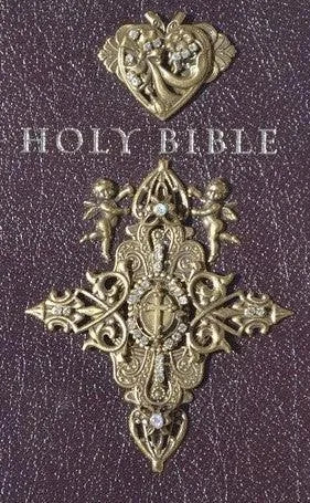 Jeweled KJV Bible cover with ornate metal cross, cherubs, and heart decorative accents