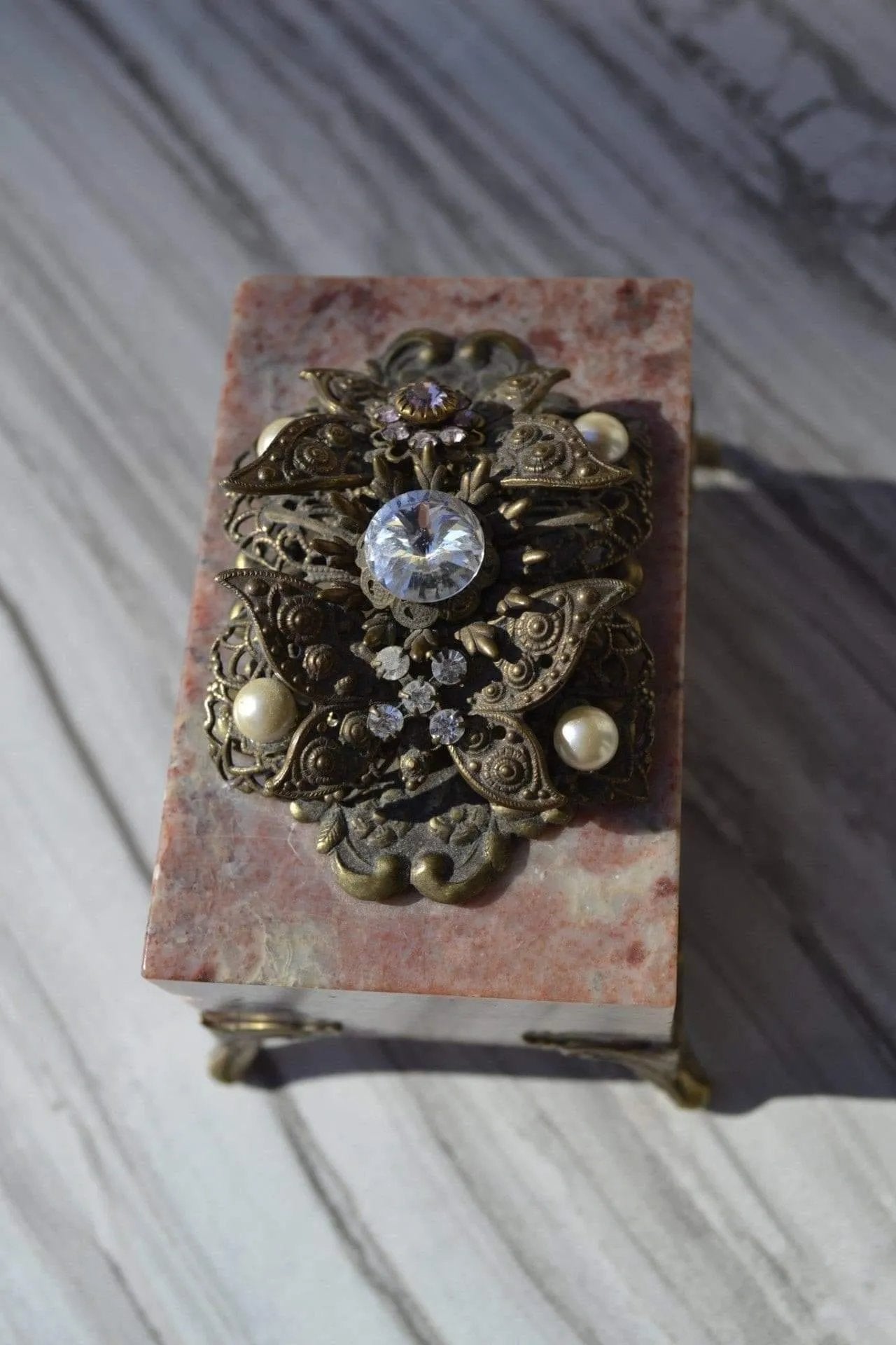 Vintage soapstone butterfly box with jeweled crystal and pearl inlay on lid